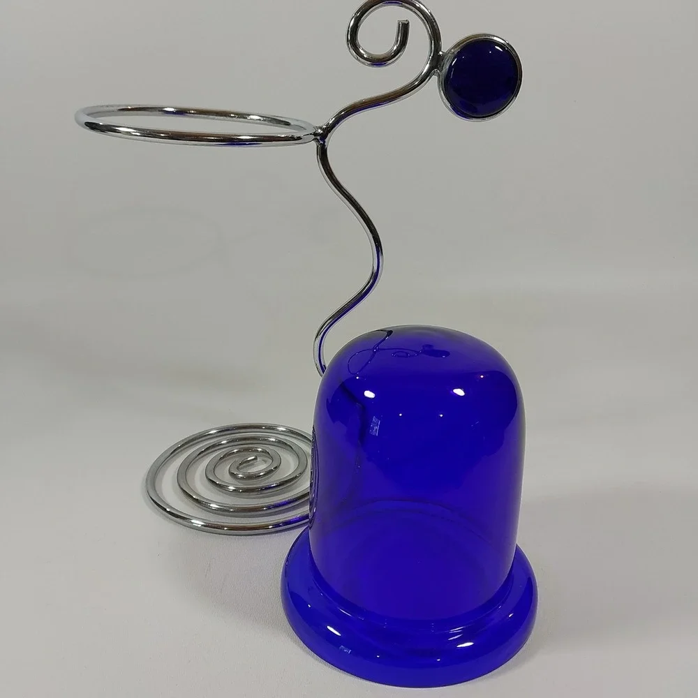 Vintage MCM‎ Cobalt Blue Glass Silver Tone Metal Coil Candle Holder 10